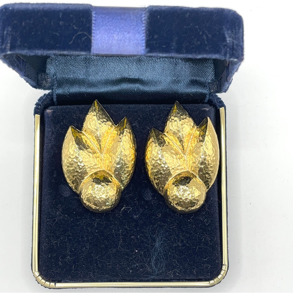 Vintage Givenchy Bijoux 80's Hammered Gold Tone Clip On Earrings in Box